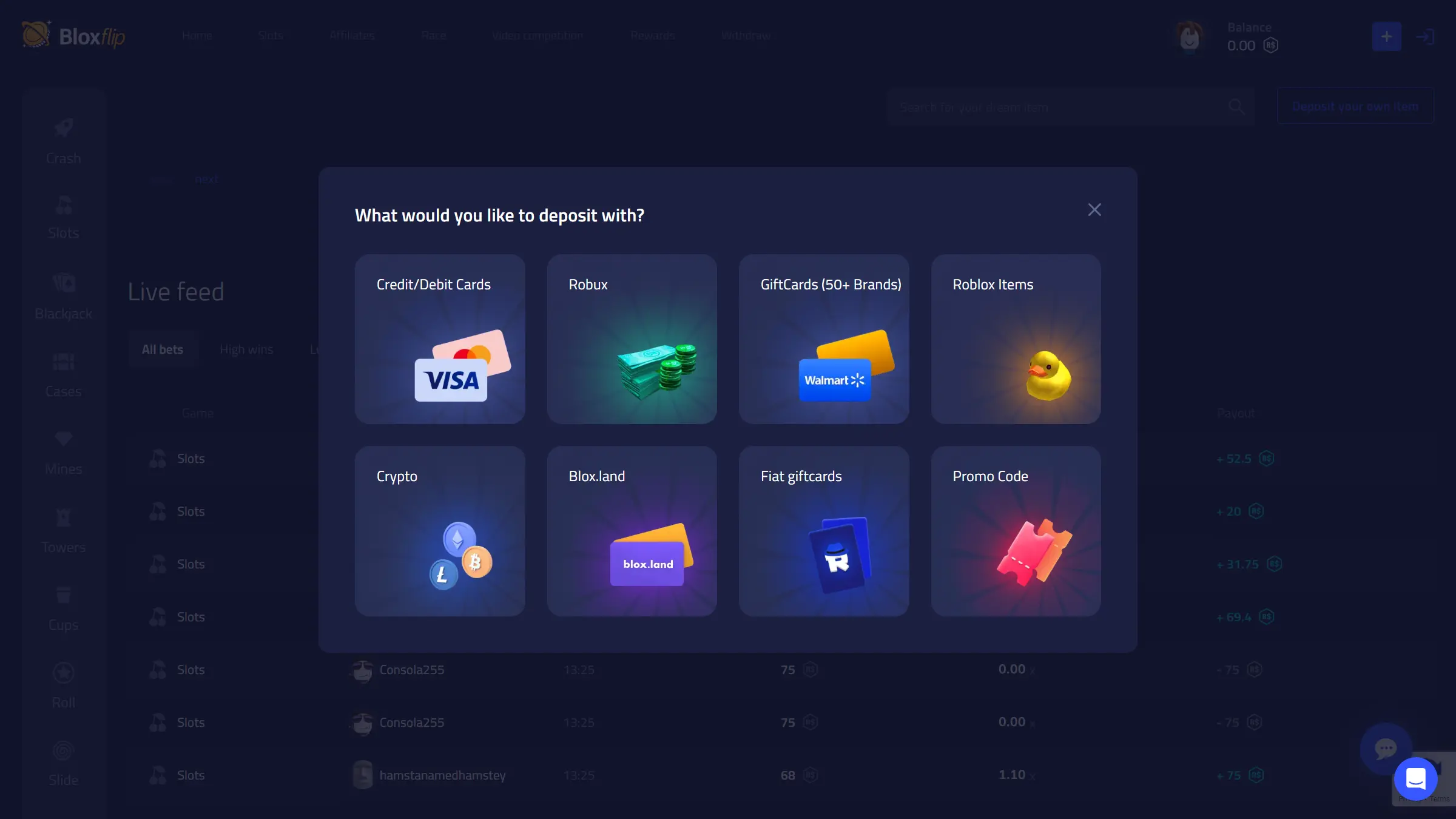 Historical BloxFlip deposit screenshot