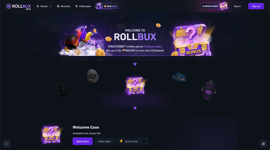 Rollbux bonus cases screenshot