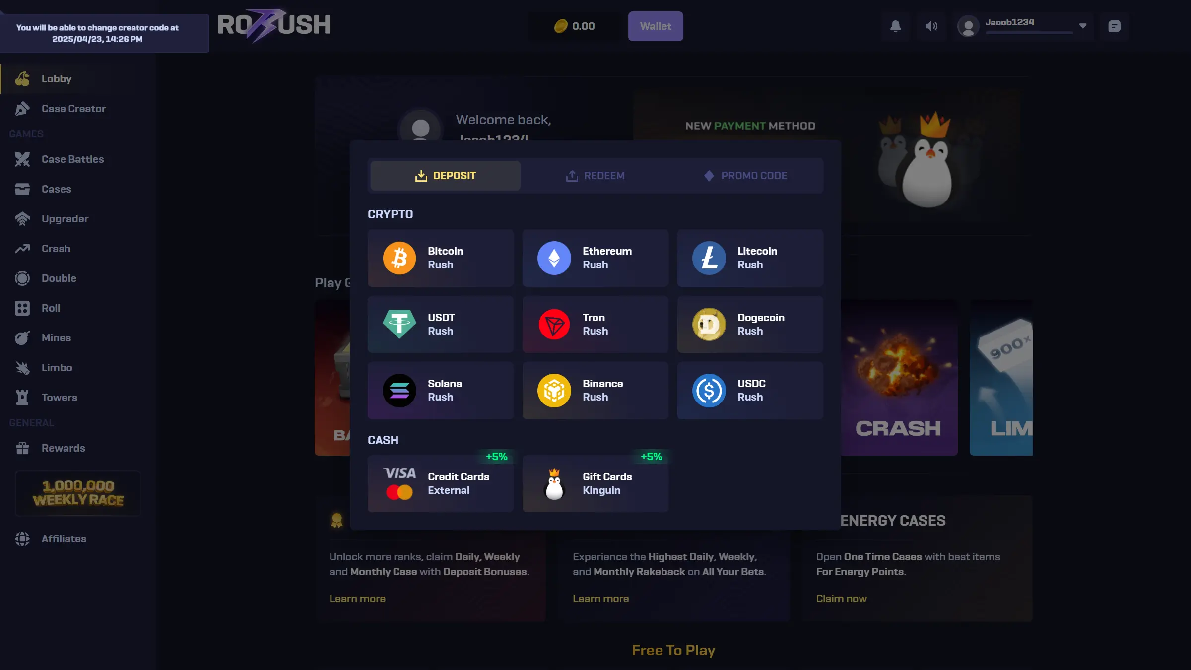 RoRush deposit screenshot