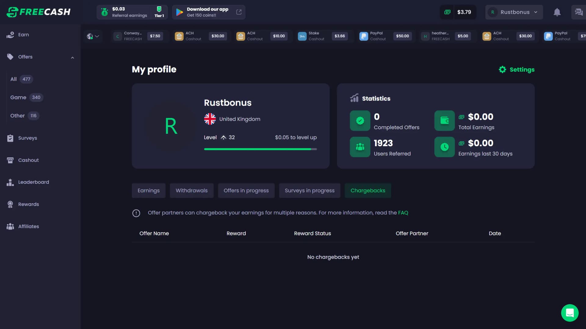 Freecash profile screenshot